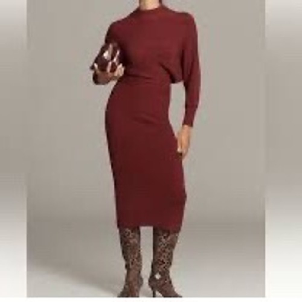 Anthropologie Burgundy Batwing Ribbed Knit Sweater Midi Dress XS Quiet Luxury